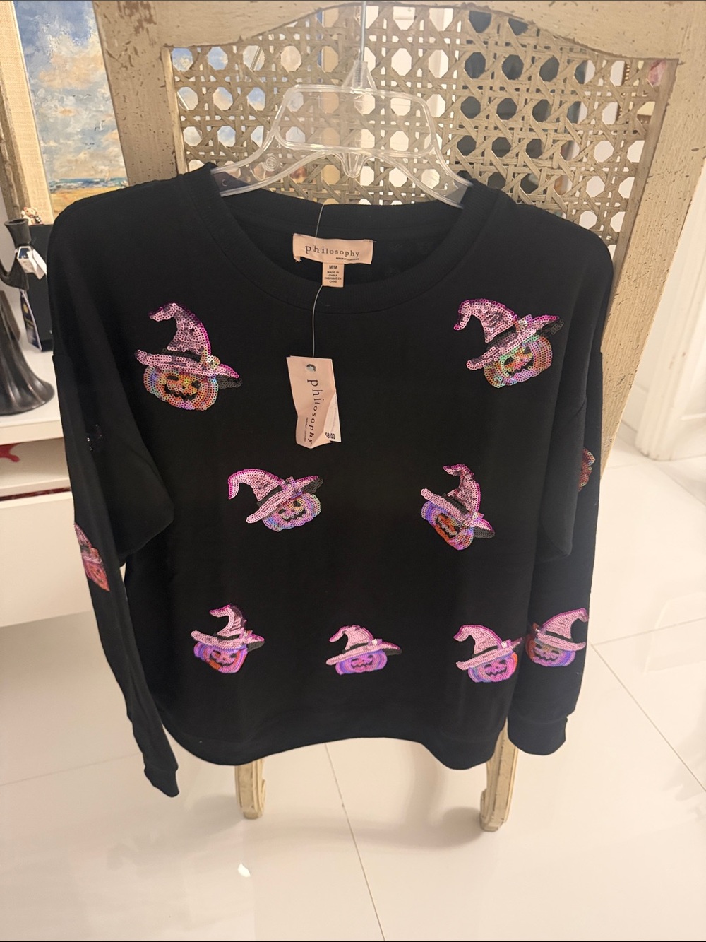 Philosophy Black Sequin Witch Hat Pullover with Pink-Purple Accents